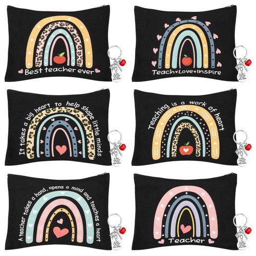 6 Pcs Teacher Appreciation Gifts in Bulk Teacher Makeup Bags for Women 6 Styles Canvas Pencil Bags Travel Toiletry Case with Zipper Gift for Teacher's Day Graduation Back to School