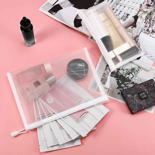 Sinzip 12 Pieces Zipper Nylon Mesh Pouch, Mesh Cosmetic Bags Makeup Bags Pencil Case, Multipurpose Travel Bags for Cosmetic School Office Supplies and Travel Accessories (White, A5)