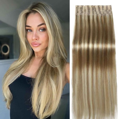 WIGER No Glue Highlighted Honey Blonde Micro Bead Hair Extensions Ombre Ash Blonde PU Insert Skin Weft Remy Human Hair Extensions Seamless Balayage Invisible Hair Extensions (50g, 20 Pcs)
