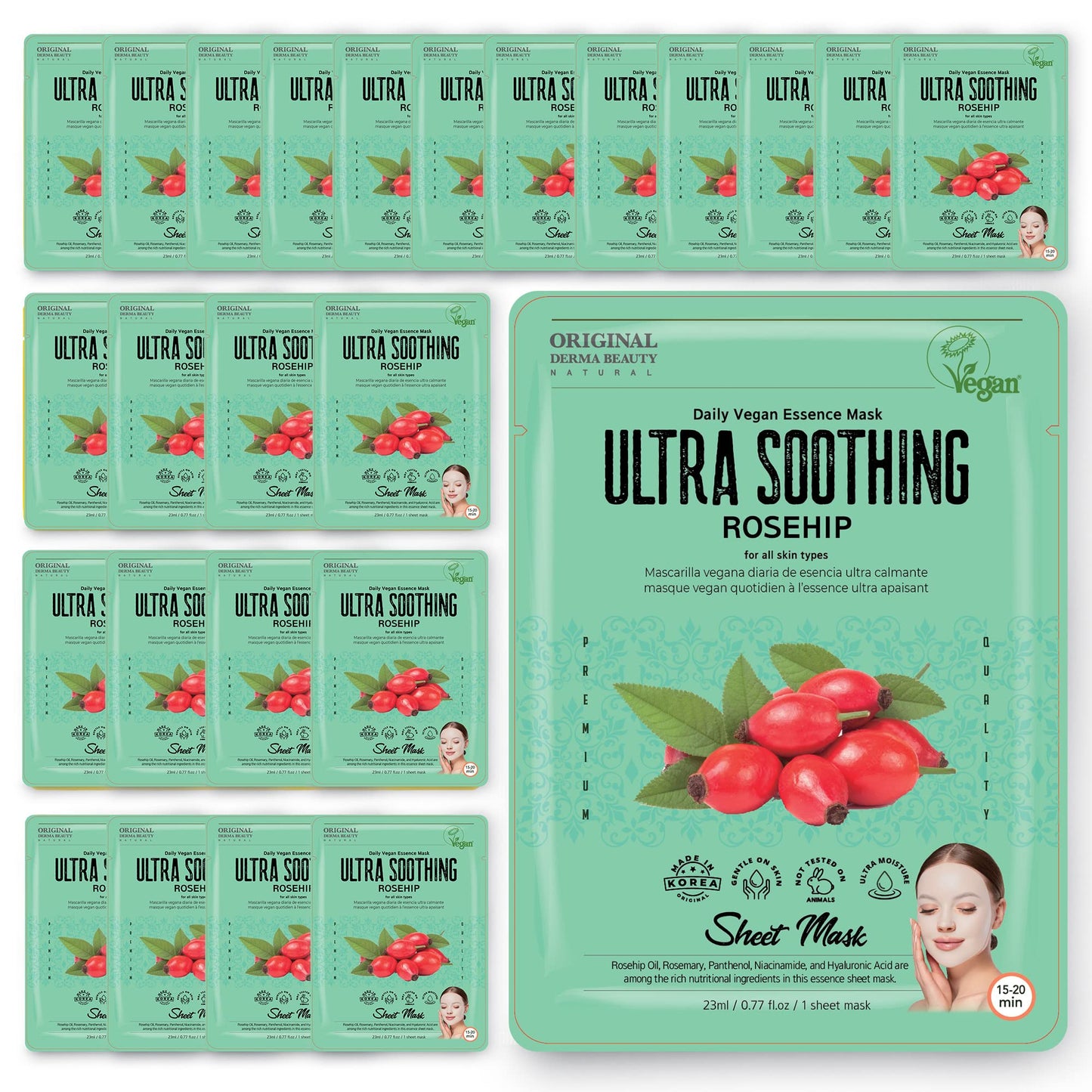 Innerest Original Derma Beauty Collagen Face Masks 24 PK Vegan Ultra Soothing Rosehip Face Mask Skin Care Sheet Masks Set for Beauty & Personal Care Korean Face Mask