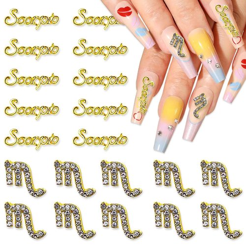 JERCLITY 20pcs Gold Alloy Scorpio Zodiac Nail Charms 10pcs Scorpio Sign Symbols Nail Charms 10pcs Scorpio Constellation Words Nail Charms for Nails（Scorpio Dates: October 24 to November 22）, JSP436
