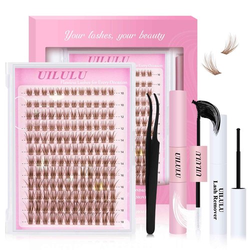 Uilulu Brown Lash Clusters Kit 10-18mm Wispy Lash Clusters D Curl Eyelash Clusters, DIY Lash Extension Kit with Lash Bond & Seal, Lash Glue Remover, Lash Tweezers