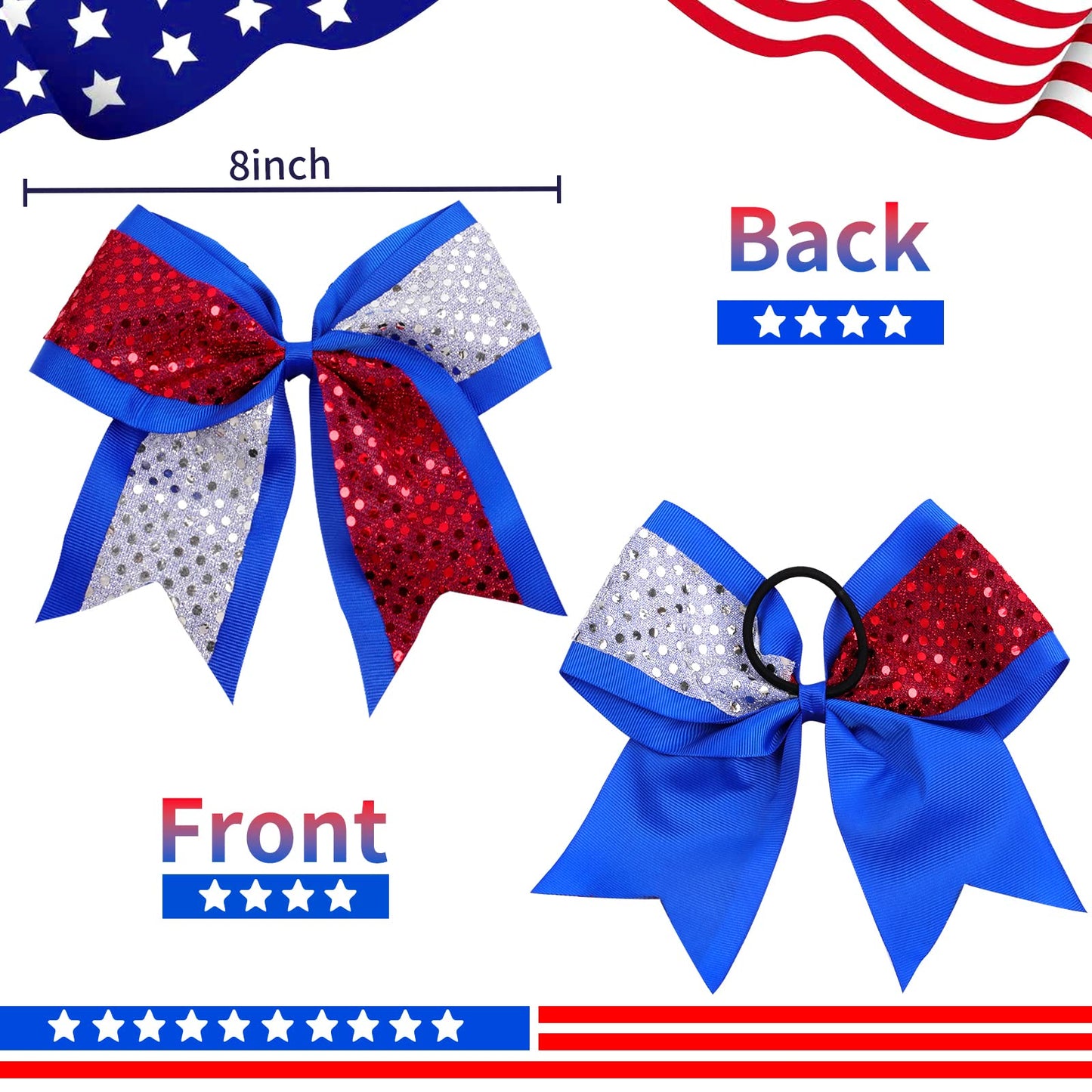 12pcs 8" American Flag Cheer Bows for Girls, Oaoleer 4th of July Cheerleading Hair Bow Independence Day Hair Accessories for Teens Women Girls