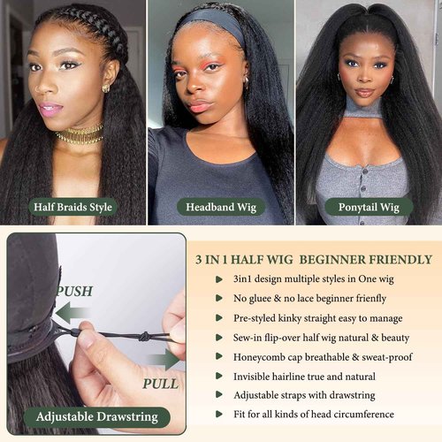 Prosa Kinky Curly Half Wig, 3-in-1 Synthetic Hair with Drawstring Headband, Clip-in Glueless Seamless Flip Over Design, Color 1B, for Women (16inch)