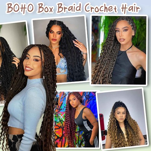 Miuric Boho Box Braids Crochet Hair for Black Women 24 Inch 7 Packs Goddess Box Braids Crochet Hair Pre-Looped with Curly Ends Reddish Brown Bohemian Synthetic Briading Hair Extensions