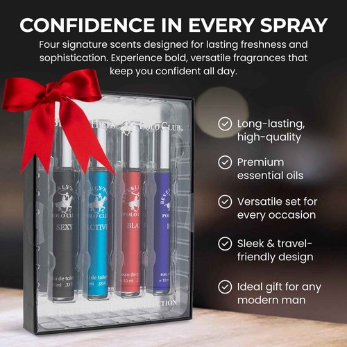 Beverly Hills Polo Club EDT Pen Spray Collection - Set of 4 Men's Fragrance Gift Set - Active, Sexy, Blaze and Blue Scent - Long-Lasting, Travel-Friendly Cologne for Men (10ml Each)