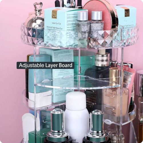 MOSIKER 360 Rotating Skincare Organizer,Large Clear Acrylic Tiered Adjustable Perfume Tray Cosmetic Holder for Bathroom