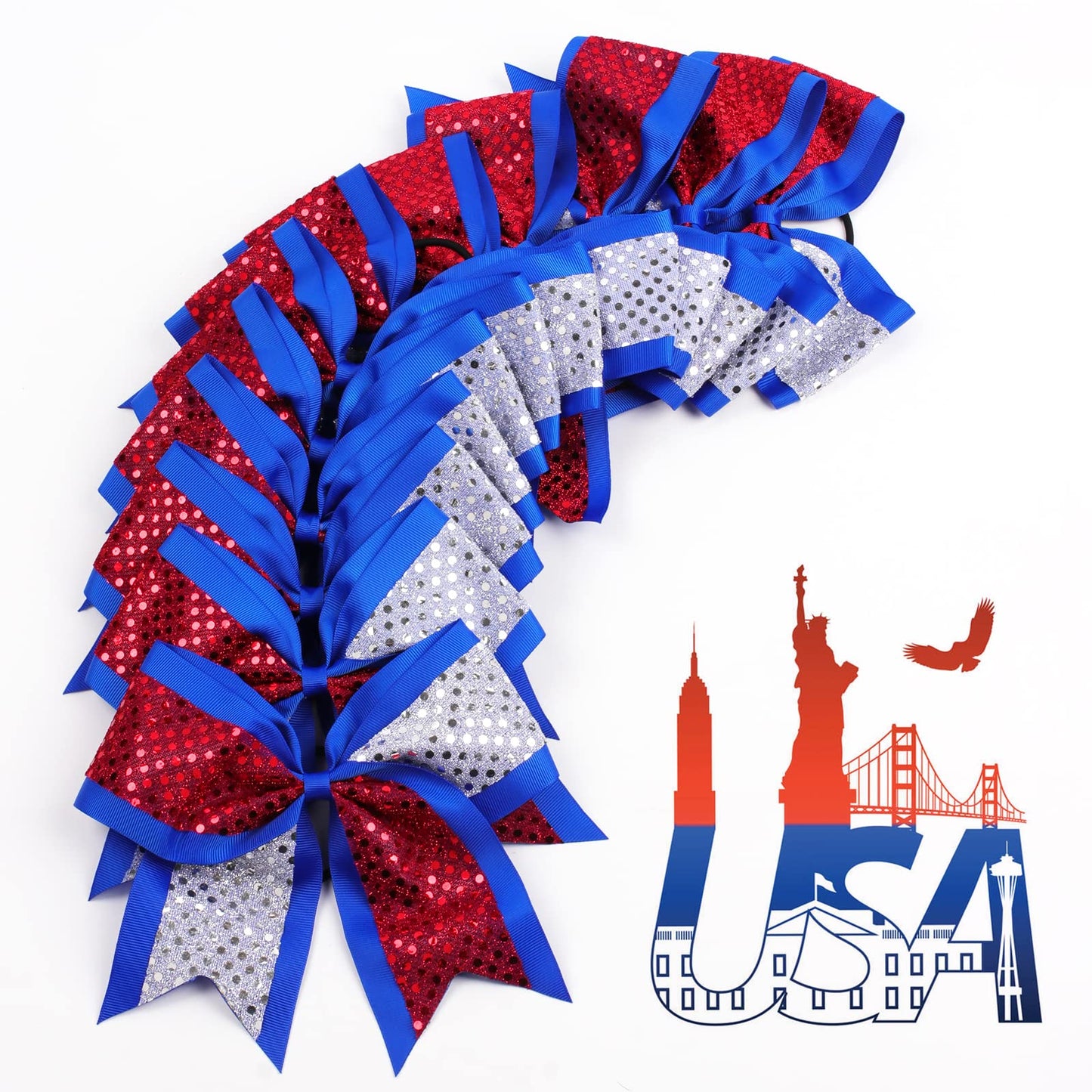 12pcs 8" American Flag Cheer Bows for Girls, Oaoleer 4th of July Cheerleading Hair Bow Independence Day Hair Accessories for Teens Women Girls