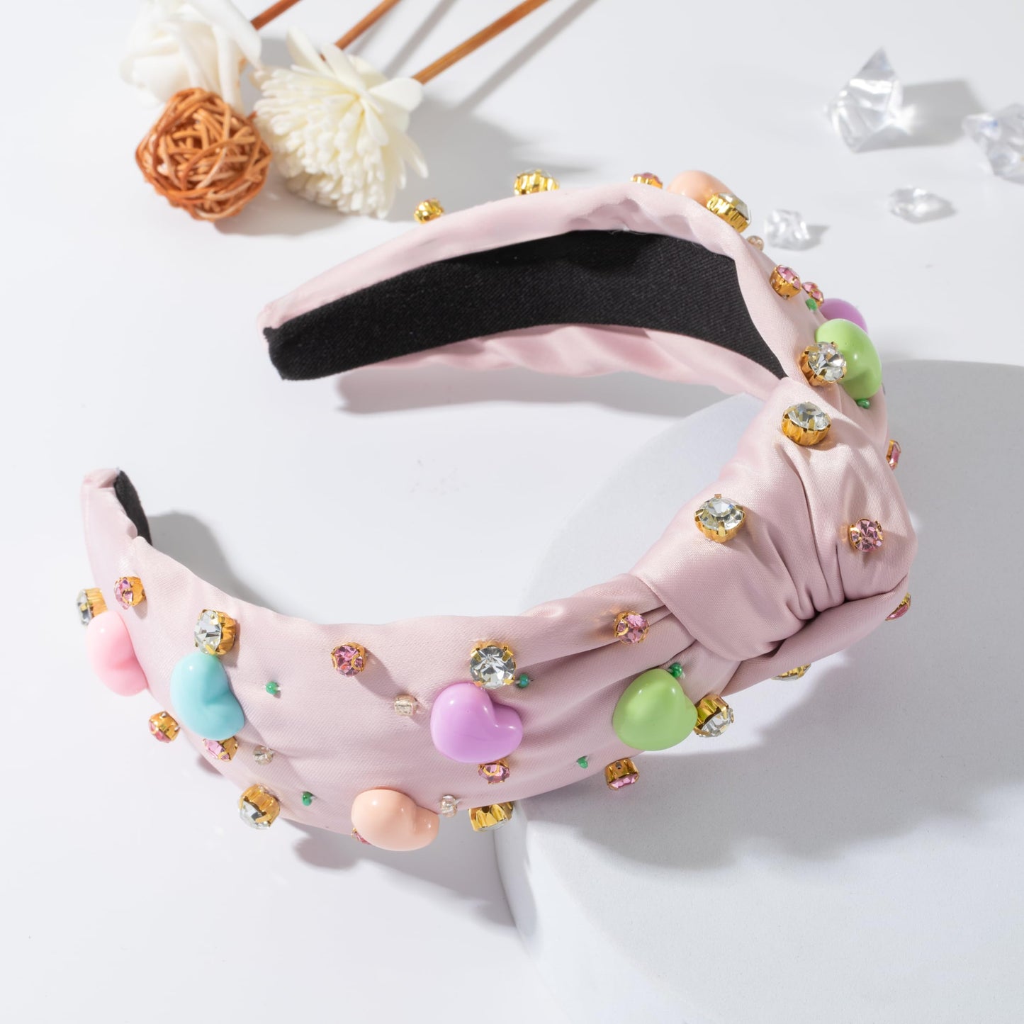 Valentine's Day Rhinestone headband for women Pink Heart Charm Embellished Top Hairband Twist Wide Hair Band (Valentine's Day-Heart Pink)