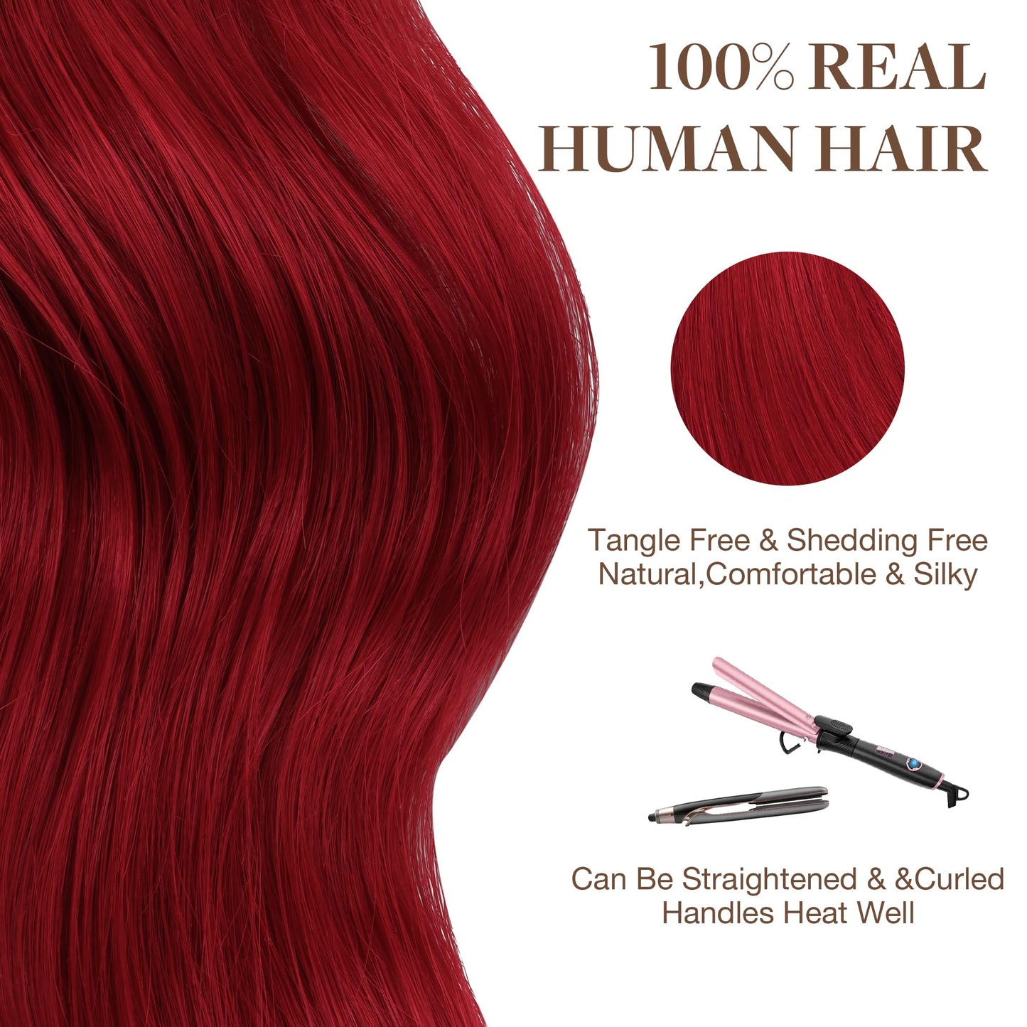 GOO GOO Tape in Hair Extensions Human Hair, Red, 18inch 25g 10pcs, Colored Tape ins Human Hair Extensions, Silky&Soft Invisible Tape Ins, Hair Highlighted for Party