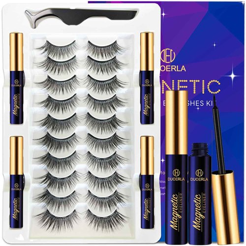 DUOERLA Magnetic Eyelashes Natural Look,Wispy Cat Eye Magnetic Lashes with Eyeliner Kit,Upgraded Long Lasting,Reusable,Easy to apply,Black,with Applicator,Vegan & Cruelty Free 10 Pairs,