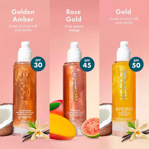 Kopari Sun Shield Body Glow, Broad Spectrum SPF 30, Lightweight Shimmering Gel Texture Absorbs Quickly, Non Sticky, Glowing Results, Golden Amber 5 oz