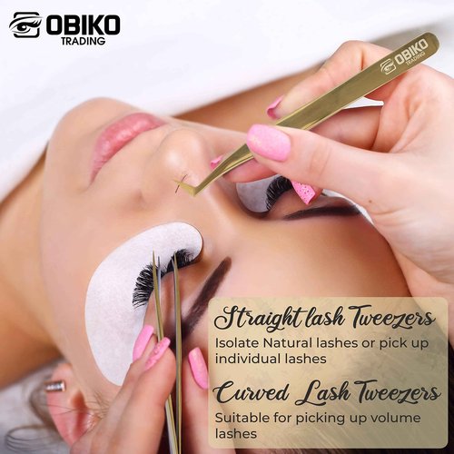 Obiko Eyelash Extension Tweezers Set 2 Piece Golden Straight And Curved Lash Tweezer Set For Women,Ideal For Precise Application And Correction