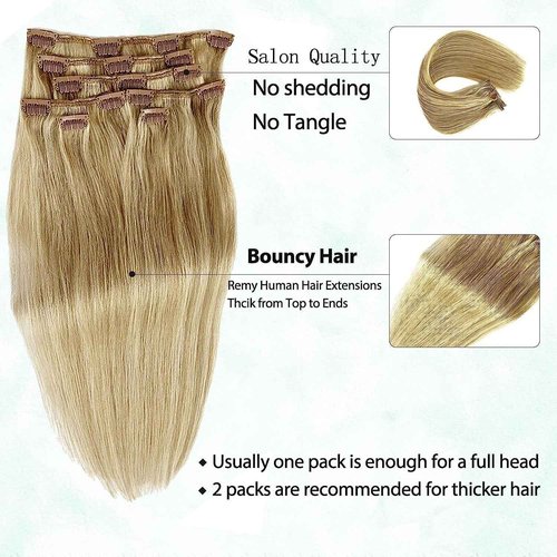 Remy Clip in Hair Extensions Human Hair Blonde Highlights Clip ins Real Human Hair Extensions Balayage Hair Extensions Soft & Natural Human Hair Clip in Extensions for Women 16 Inch 7pcs 70g