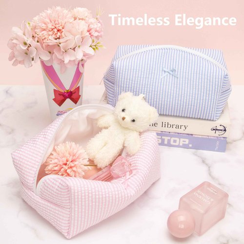 Cozy Makeup Bag Travel Cosmetic Bag for Women Soft Toiletry Bag Aesthetic Makeup Organizer Portable Large Zipper Pouch for Skincare Beauty Accessories Brushes Stripe Pink