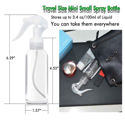 KwoKmarK Small Spray Bottles, Hair Spray Bottle 3.5oz/100ml Clear Plastic Fine Mist Travel Size Mini Empty Bottle Set Refillable Reusable Liquid Container for Essential Oils Water Squirt (2 Pack)