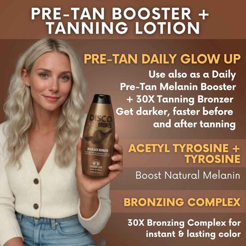 Disco Bronze Tanning Lotion with Bronzer – Bronzing Accelerator 30X DHA Indoor/Outdoor Tanning Bed Lotion for Men & Women, DHA Self Tanner, Skin Firming Ingredients, Hypoallergenic, Get Dark Fast