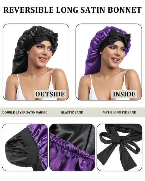AWAYTR Long Satin Bonnet for Sleeping - Double Layer Reversible Silk Bonnet for Long Hair Women Sleeping Cap with Tie Band (Black+Purple)