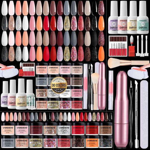 VANSISOS Dip Powder Kit with Everything: Multi-Colored Nail Dip Powder Set with Top & Base Coat Activator Brush Saver with Nail Drill for DIY At Home