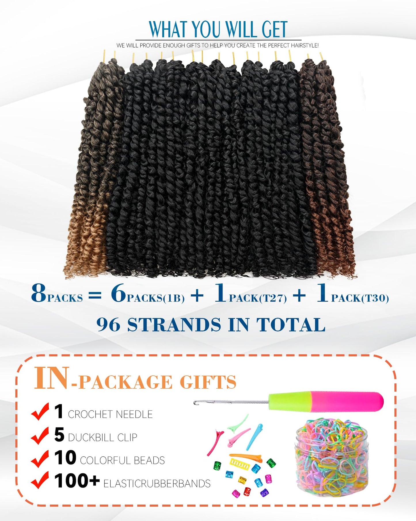 14 Inches 8 Packs Passion Twist Crochet Hair-Mixed Color Combo Pack(6 packs 1B+1 pack T1B/27+1 pack T1B/30),Pre-twisted Pre Looped Braided Hair Extensions For Black Women(14"-8 Packs,1B+T27+T30)