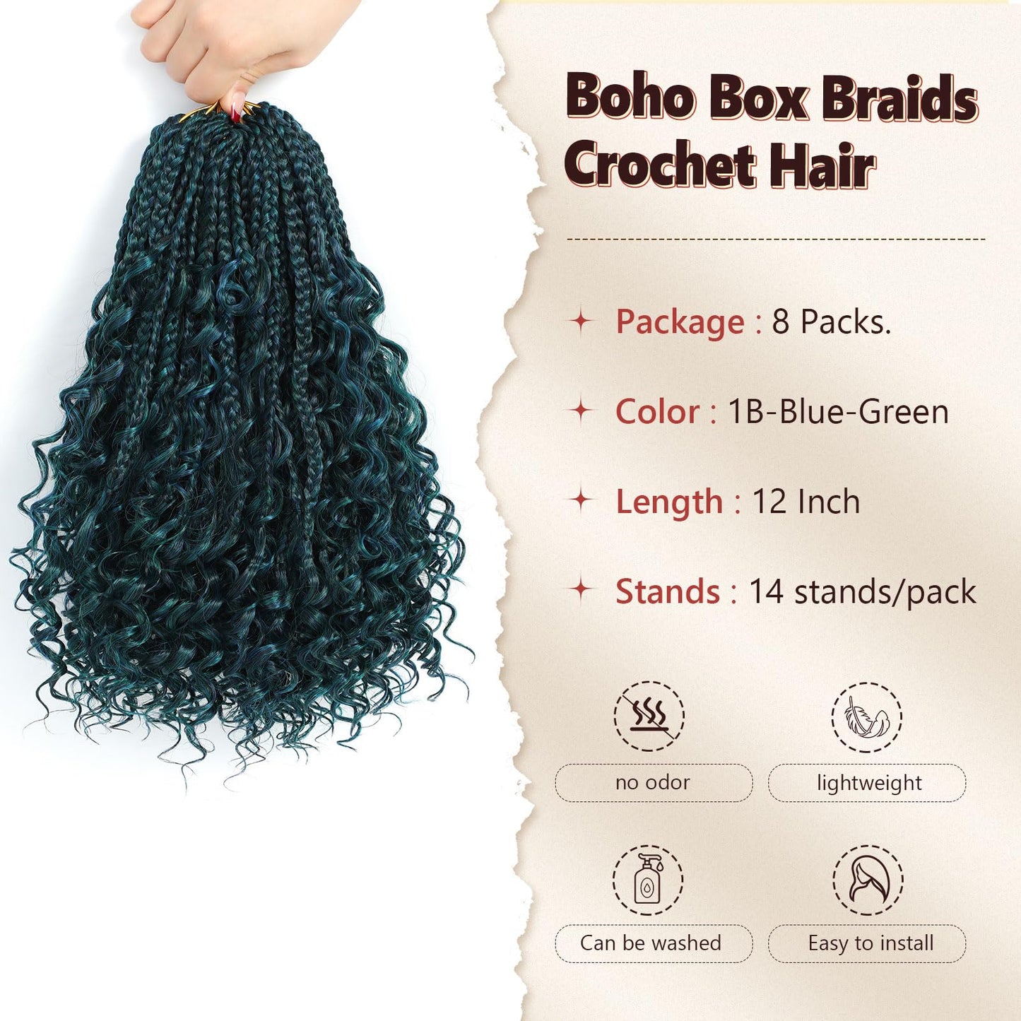 Boho Box Braids Crochet Hair 8 Packs Boho Crochet Braids Pre Looped 1B/Blue/Green Goddess Box Braids Crochet Hair for Black Women 12 Inch Boho Braids Crochet Hair Extension