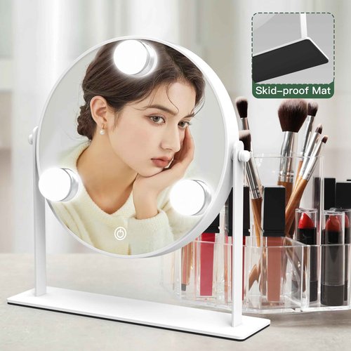 ROLOVE 10"x10" Lighted Makeup Mirror, Hollywood Vanity Mirror with 3 Dimmable LED Bulbs, Dimmable Touch Screen, Light up Mirror, Portable Travel Mirror, 360° Rotation, White
