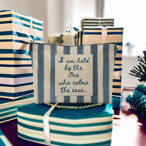 Yomisex Inspirational Christian Makeup Bag for Women, Bible Verse Ocean Beach Cosmetic Bags Toiletry Bag, Blue and Beige Striped Religious Makeup Pouch