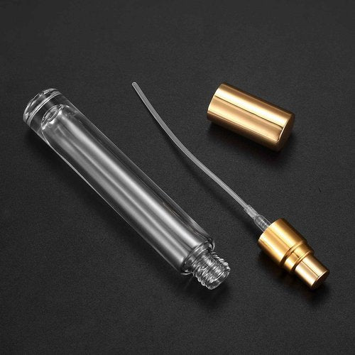 qiwuhai 4 Pcs 10ml/3oz Fine Mist Glass Atomizer Bottles, Mini Refillable Spray Bottles, Small Empty Spray Bottles, Portable Sample Containers Sample Vials for Travel Essential Oil (Gold)