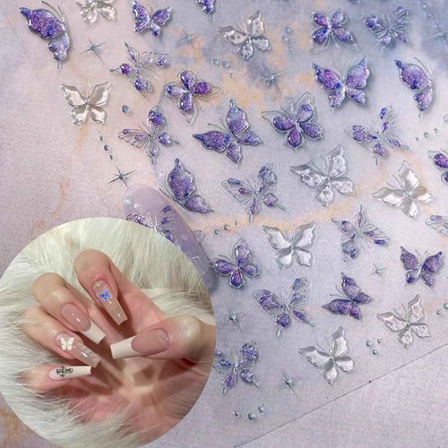 Butterfly Nail Stickers 3D Sickers for Nails Art Design Fingernail Stickers Self-Adhesive Nail Supplies Accessories for Women DIY Decoration(Shiny Butterfly)