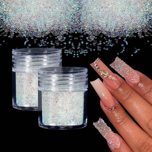 Laza 2 Jars Iridescent Nail Beads, Caviar Beads for Nails, 0.6-0.8mm Micro Pixie Crystals Tiny Nail Gems Glass Bubble Nail Art Rhinestones Colorful Nail Charms for 3D Nail Art Decorations Designs