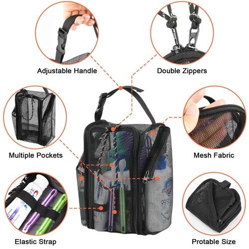 Cosmos Mesh Shower Caddy Toiletry Organizer Hanging Shower Tote Bag, Quick Dry Shower Organizer Portable Bath Bag with Durable Zippers & Side Pockets for Travel, Gym, Swimming, Beach and Camp