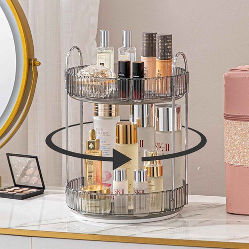 Satpurush 360° Rotating Makeup Organizer – 2-Tier Spinning Cosmetic Holder for Vanity, Countertop, Bathroom & Dresser – Perfume, Skincare & Cosmetic Care Organizer (Clear Grey, 2 Tier)