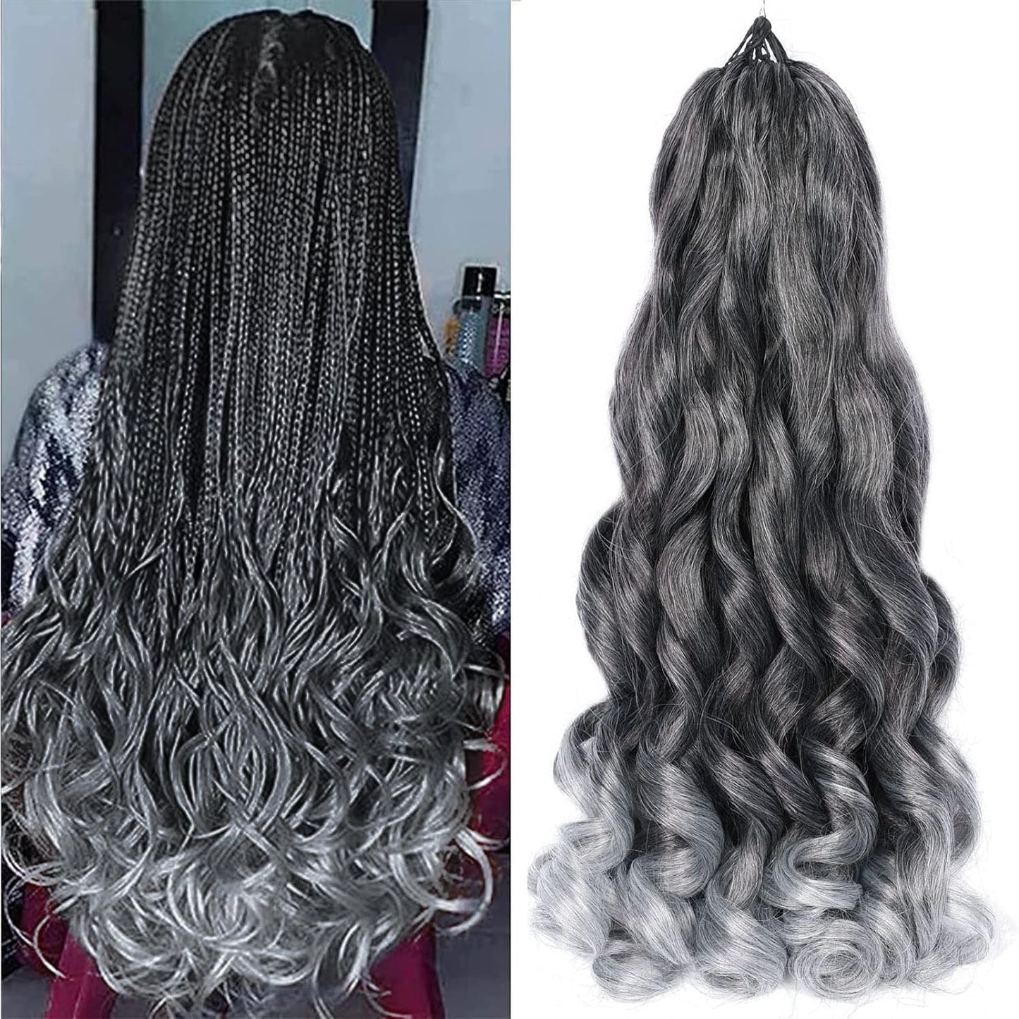 Ombre Grey French Curls Braiding Hair 22 Inch Bouncy French Curly Braiding Hair Loose Wavy Crochet Braids Hair for Women (7 Packs, 1B/Grey#)