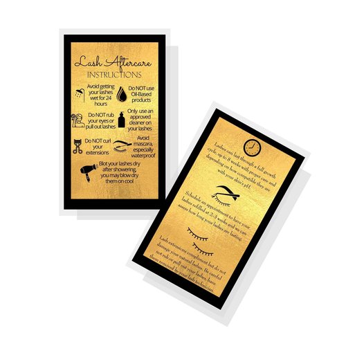 Lash Extension Aftercare Instructions Cards | 50 Pack | Double Sided Size 3.5 x 2" inches After Care (2-3 Week Fillers) | Black with Gold Look Design