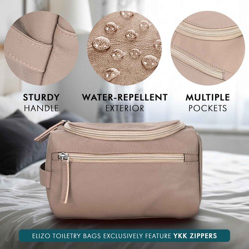 ELIZO Premium REAL Leather Toiletry Bag for Men Dopp Kitt Hanging Mens Toiletry Large TSA Toiletries Bag Shaving Grooming Bag Organizer Cream