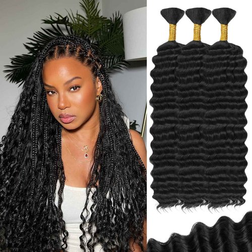 Human Braiding Hair for Boho Braids 120g 3 Bundles Deep Wave Curly Bulk Human Hair for Braiding Knotless Bohemian Natural Color (1B, 24 Inch)