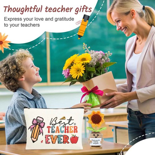 Aileam Teacher Appreciation Gifts 6PCS Gifts for Teacher Makeup Bags Survival kit Sunflower Bookmark Pen Thank You Graduation Retirement for Women School Book Reading Lovers