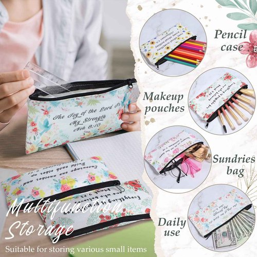 Sabary 12 Pcs Christmas Makeup Bags Gifts for Women Bulk Christian Bible Verse Cosmetic Bags Pencil Pouch Inspirational Flower Cosmetic Pouch Religious Church Gifts for Mom Sister(7.8 x 3.8 Inch)