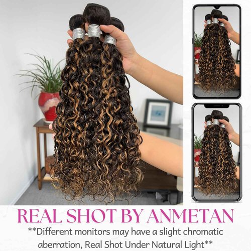 Anmetan Black and Brown Honey Blonde Highlight F1B30 Water Wave Human Hair Ombre Single Bundles, 12A Wet and Wavy Bundles Color Curly 100% Unprocessed Brazilian Virgin Remy Human Hair Soft Thick 12 In