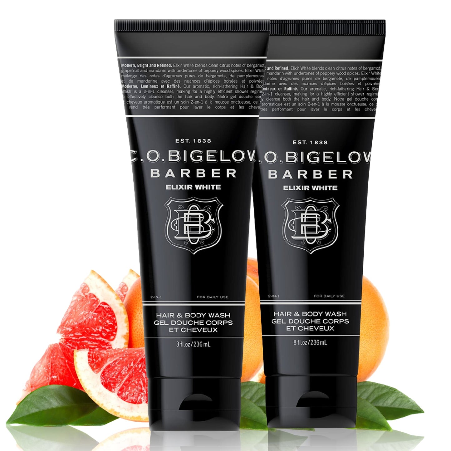 C.O. Bigelow Men's Hair and Body Wash, Elixir White, No. 1607, 8 fl oz, Mens Body Wash & Shampoo, Citrus & Bergamot Moisturizing Mens Shampoo & Body Cleanser, Pack of 2