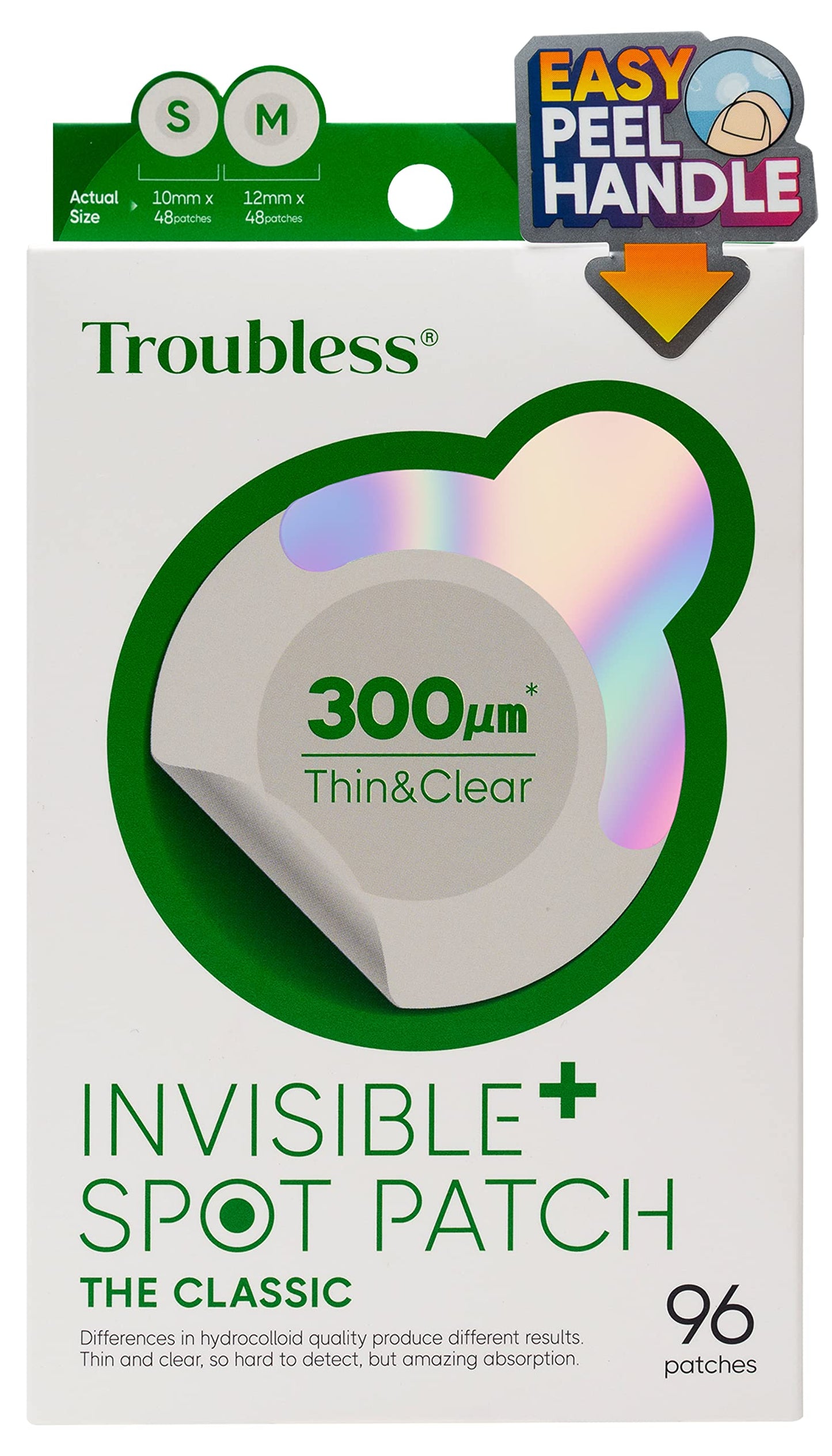 Troubless Invisible Pimple Spot Patch - Classic, Hydrocolloid Acne Patches for Face | Ultra Thin Acne Patches with Easy Peel Handle | Overnight Pimple Patches | 2 Sizes, 96 Count (Pack of 1)