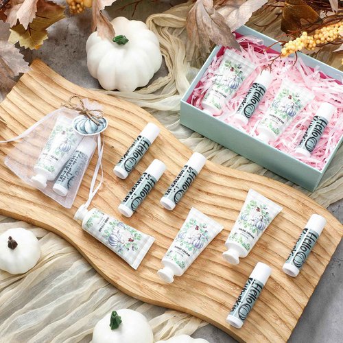 Heigble 144 Pcs Fall Pumpkin Lip Balm Hand Cream Set Party Favors, Include 36 Blue Pumpkin Lip Balm 36 Moisturizing Hand Cream 36 Bags 36 Cards and Ropes for Autumn Accessories Gifts