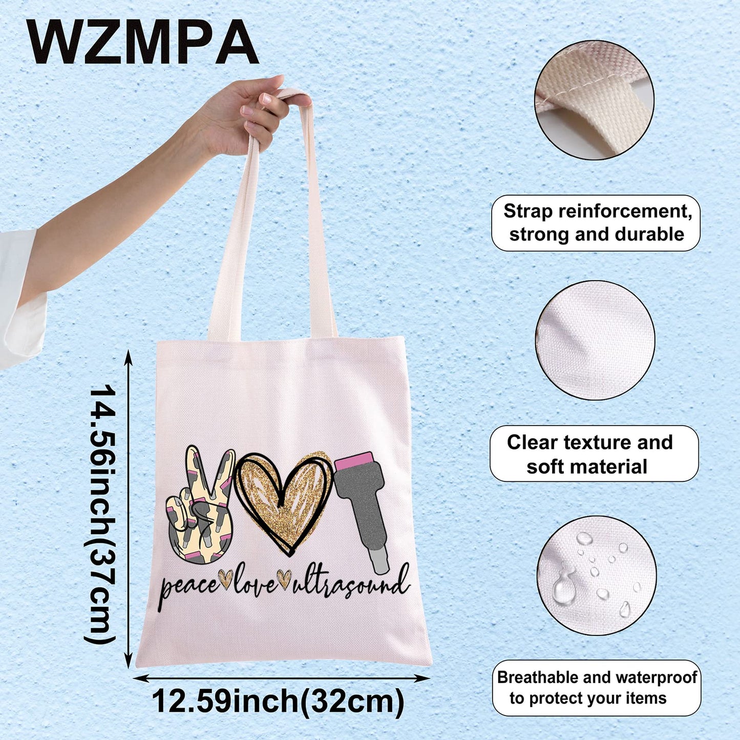 WZMPA Sonography Tech Cosmetic Makeup Bag Sonographer Gifts Peace Love Ultrasound Makeup Zipper Pouch Bag For Radiologist Graduation Student (Peace Ultrasound Tote)