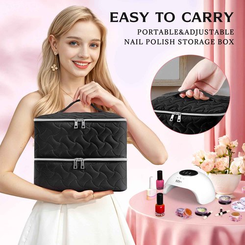 DreamGenius Nail Polish Organizer Case Holds 42 Bottles, Portable Double-Layer Nail Polish Storage Bag with Adjustable Dividers for Manicure Tools, Black