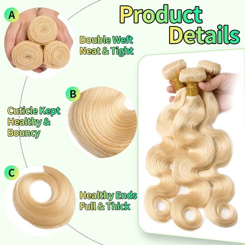 Antousha Human Hair Bundles Body Wave Blonde Color, 16 Inch - 1 Bundle - #613, Body Wave Bundles Human Hair 12A Brazilian Virgin Wavy Hair Bundles for Women