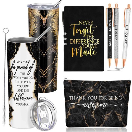 Domensi 6 Pcs Employee Appreciation Gift Set for Women Female Christmas Thank You Gift May You Be Proud 20 oz Rustic Marble Sign Tumbler Makeup Bag Journal for Teacher Nurse Lady Work Business(Black)