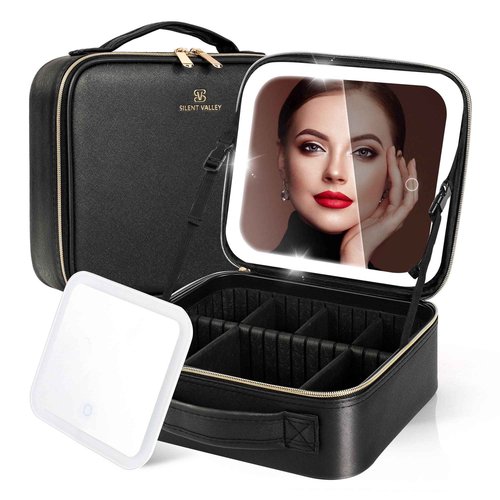 NHOPEJRJY Makeup Bag with Light up Detachable Mirror 3 Color Scenarios Adjustable Brightness Large Cosmetic Organizer Storage Adjustable Dividers Waterproof Makeup Brushes Toiletry Gift Black