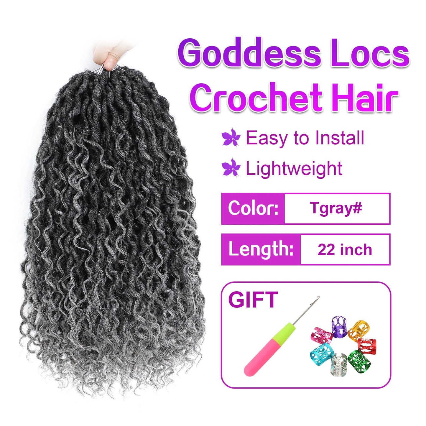 Goddess Locs Crochet Hair 22Inch Pre Looped Faux Locs Crochet Hair with Curly Ends 8Packs Bohemian Crochet Braids Hair for Black Women TGrey