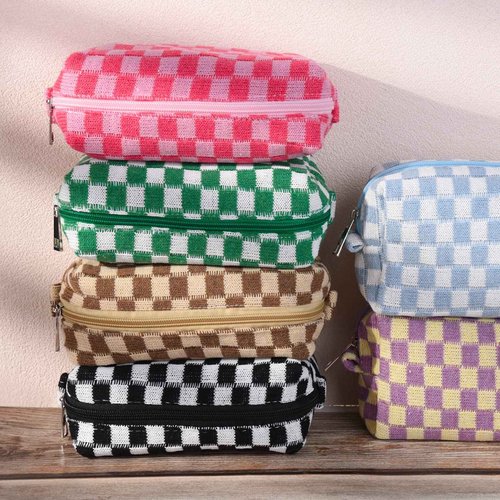 SOIDRAM 6 Pcs Checkered Makeup Bag Preppy Cosmetic Bag Bulk Pink Black Makeup Pouch Personalize Travel Toiletry Bag Organizer Cute DIY Makeup Brushes Storage Bag for Women