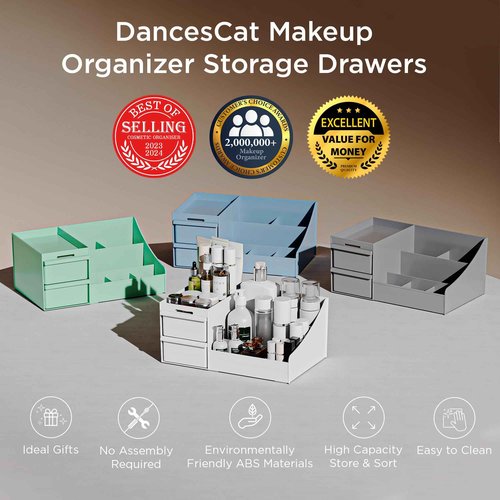 DancesCat Makeup Organizer Countertop, Vanity Organizer with 2 Drawers for Cosmetics, Skincare, Brushes, Perfume, Skincare Organizer for Vanity, Perfume Organizer for Dresser, Bathroom (White)